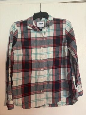 Old Navy Women's Red Navy & Aqua Plaid Button-Down Shirt